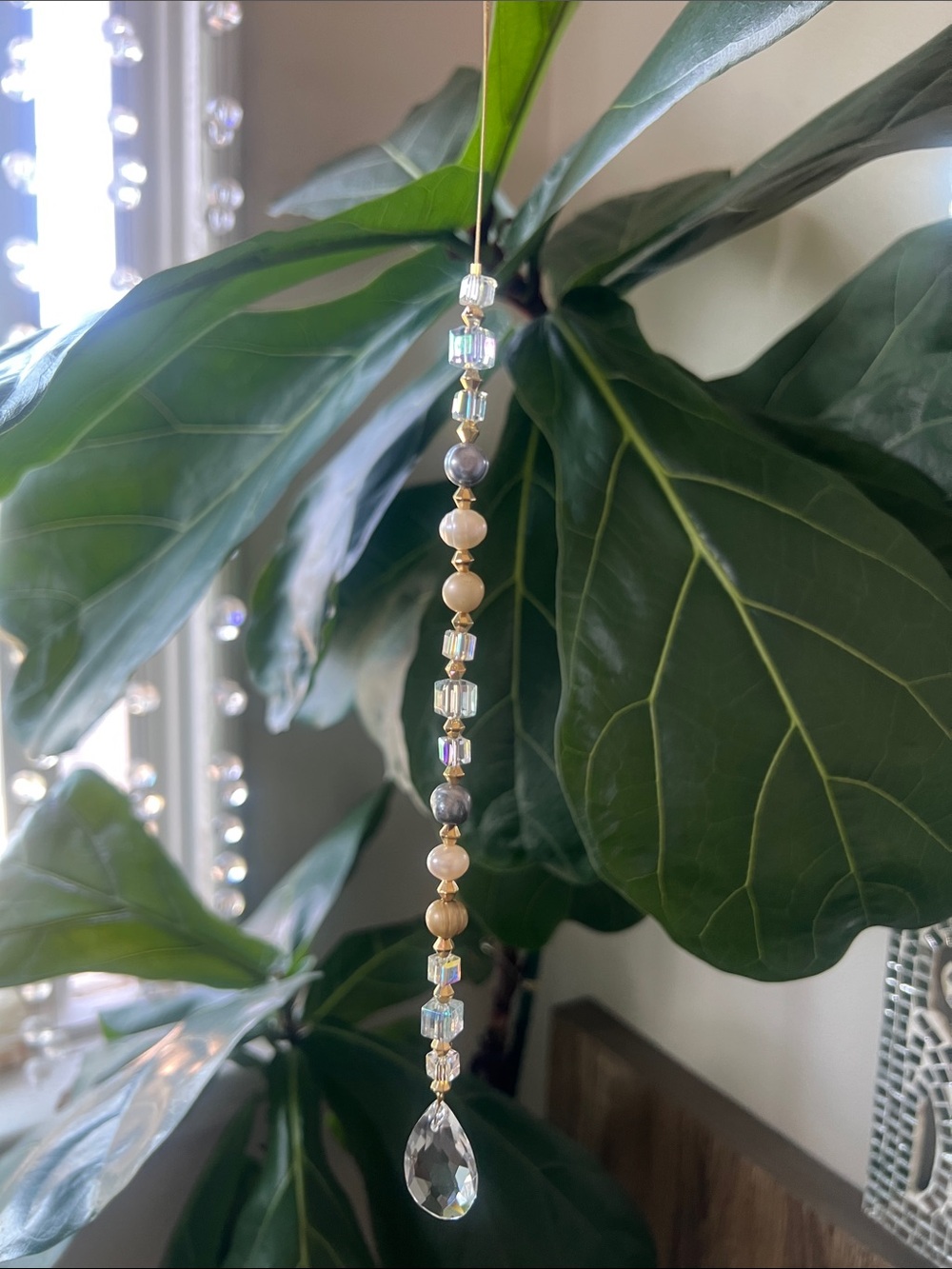 Crystal and Freshwater Pearl Hanging Suncatcher - Ivory & Gray
